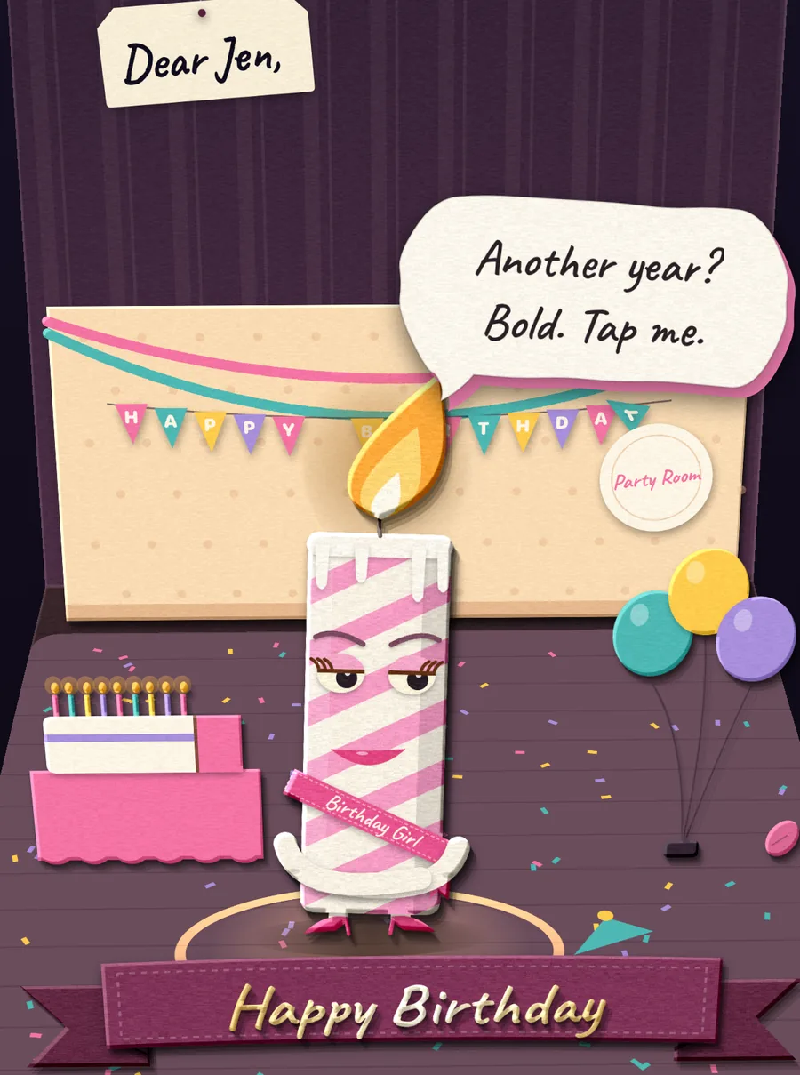 Trick Candle's birthday card, open: a tag reads Dear Jen, and a sulking striped candle says Another year? Bold.